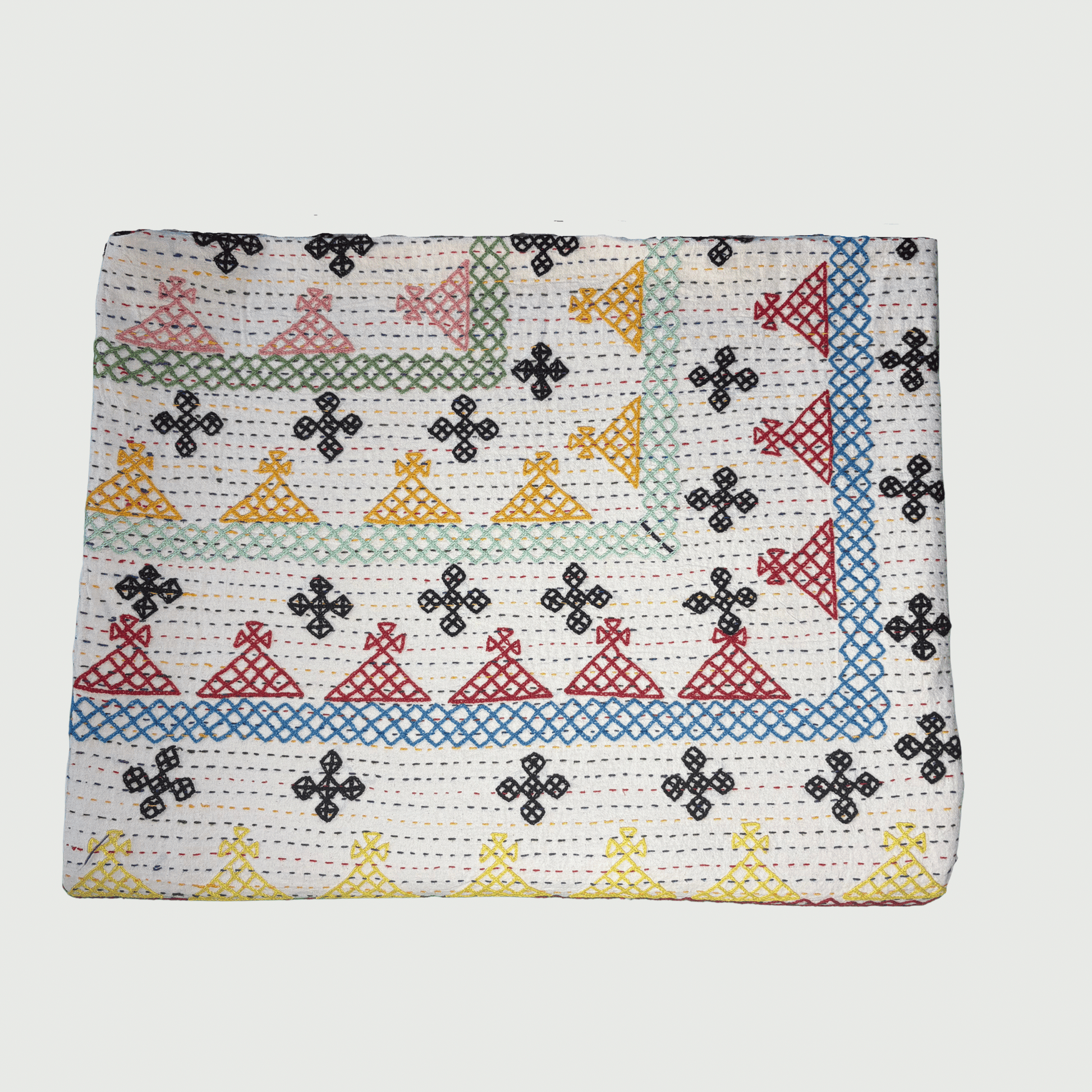 Hand Embroidered Kantha Quilt - Multi Coloured with Green Border