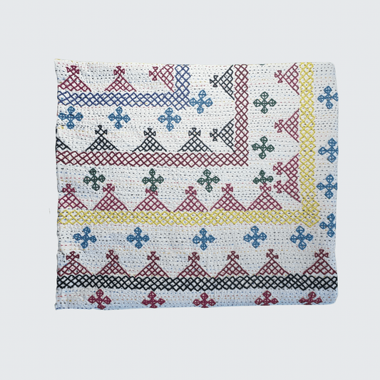 Hand Embroidered Kantha Quilt - Multi Coloured with Blue Border