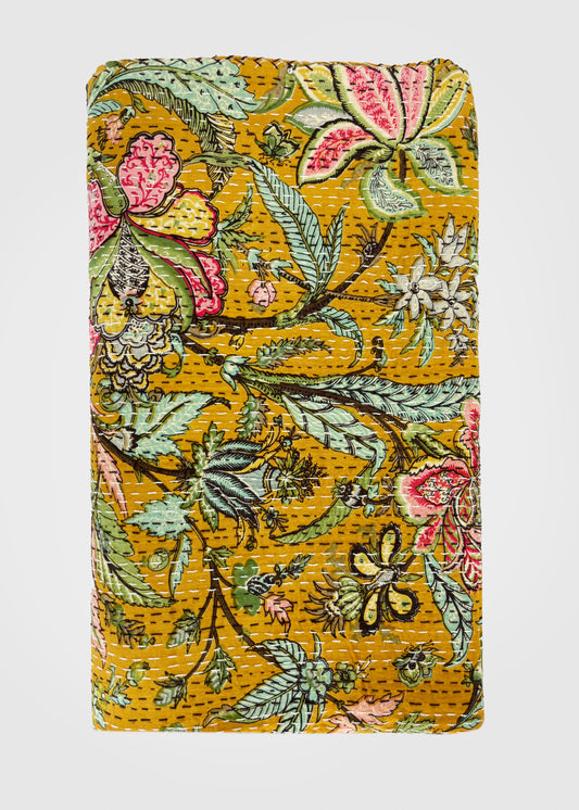 Mustard Flower Cotton Kantha Quilt