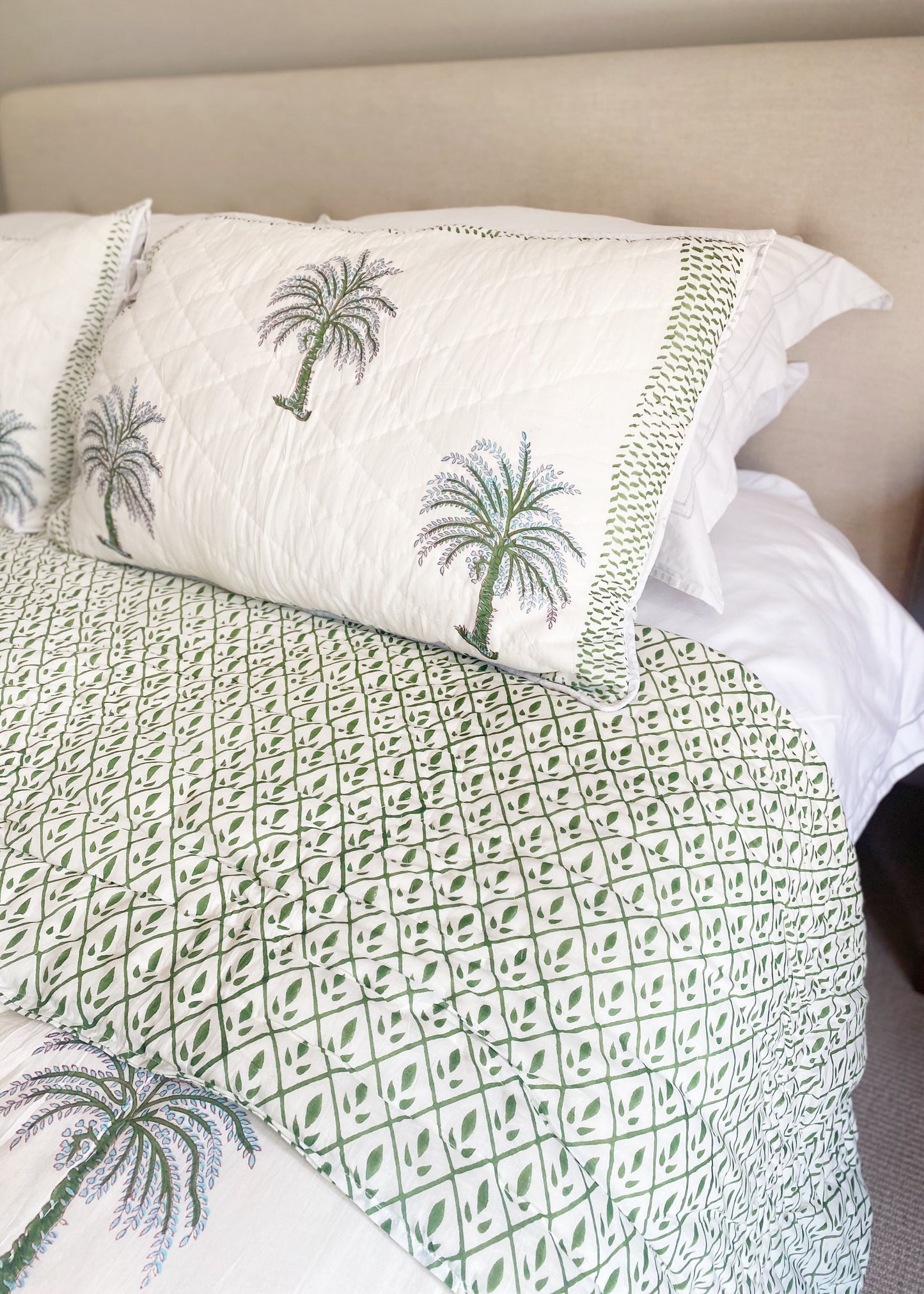 Green and Blue Palm Tree Design, Reversible Hand Block Printed Quilt with Two Pillow Cases