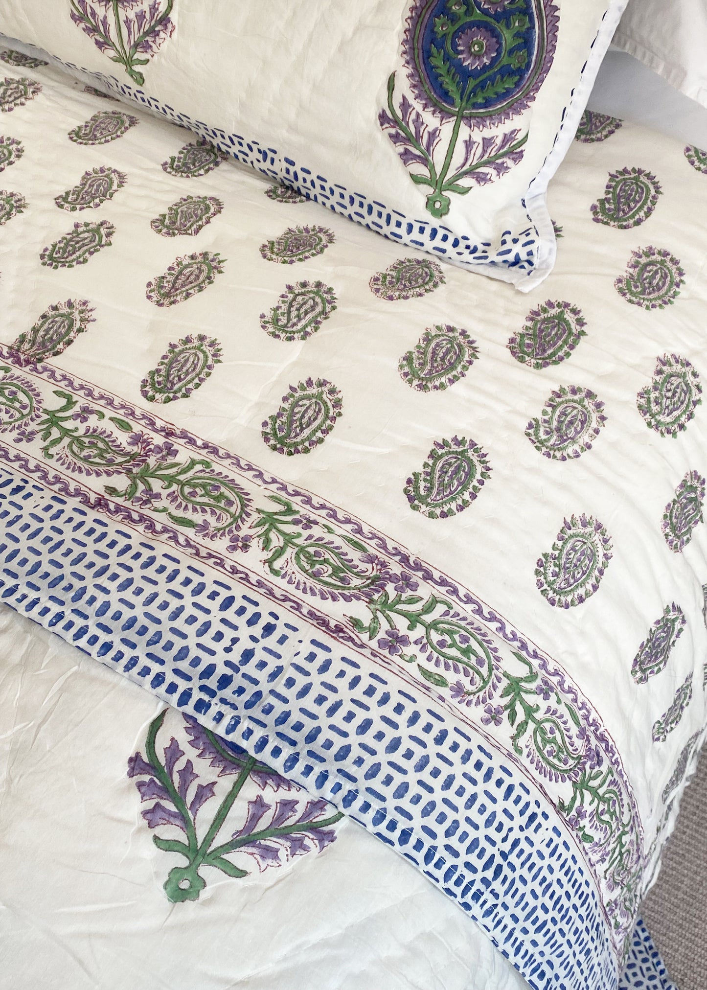 Blue and Purple Paisley Design, Reversible Hand Block Printed Quilt with Two Pillow Cases