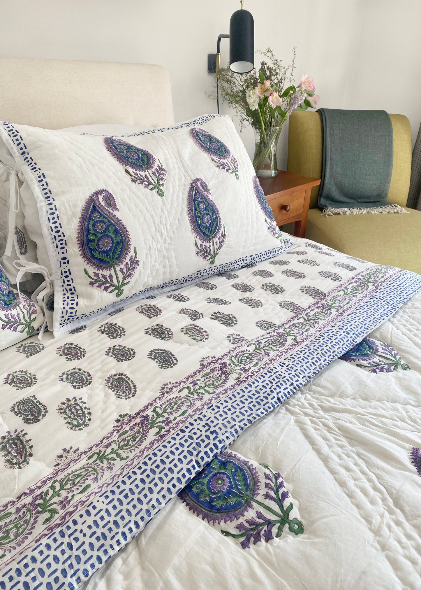 Blue and Purple Paisley Design, Reversible Hand Block Printed Quilt with Two Pillow Cases