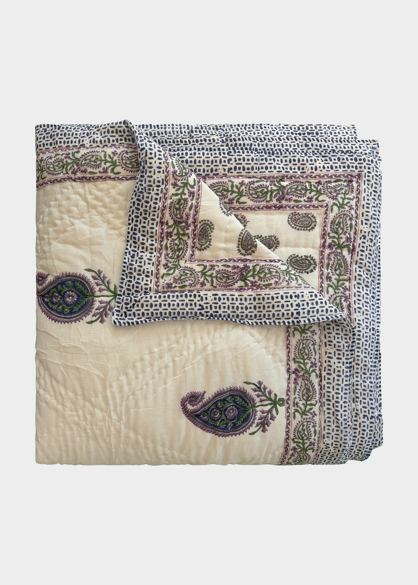 Blue and Purple Paisley Design, Reversible Hand Block Printed Quilt with Two Pillow Cases