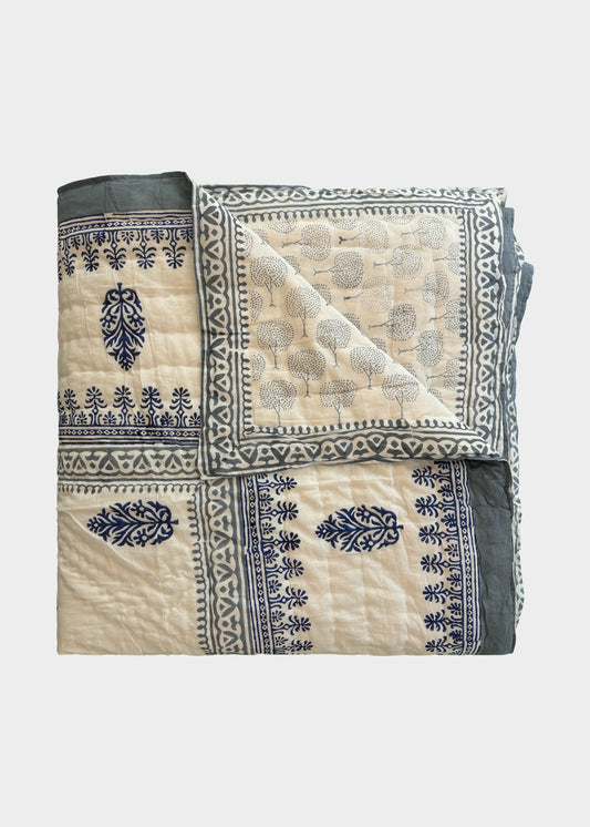 Navy Blue and Teal Design, Reversible Hand Block Printed Quilt with Two Pillow Cases