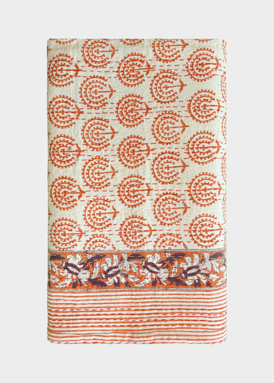 Hand Block Printed Cream and Orange Aztec Design Cotton Kantha Quilt