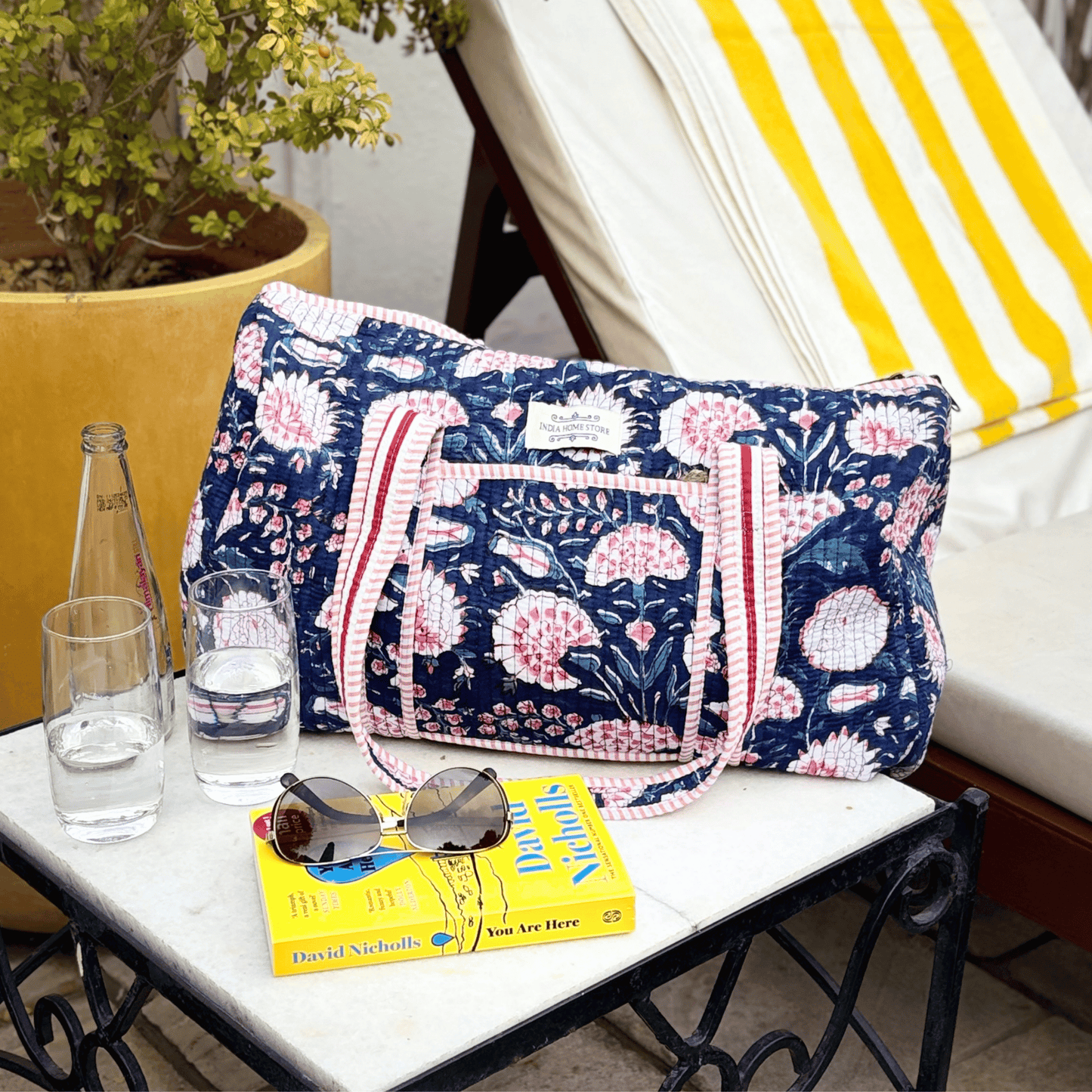 Indigo and Pink Flower Hand Block Printed Weekend Bag