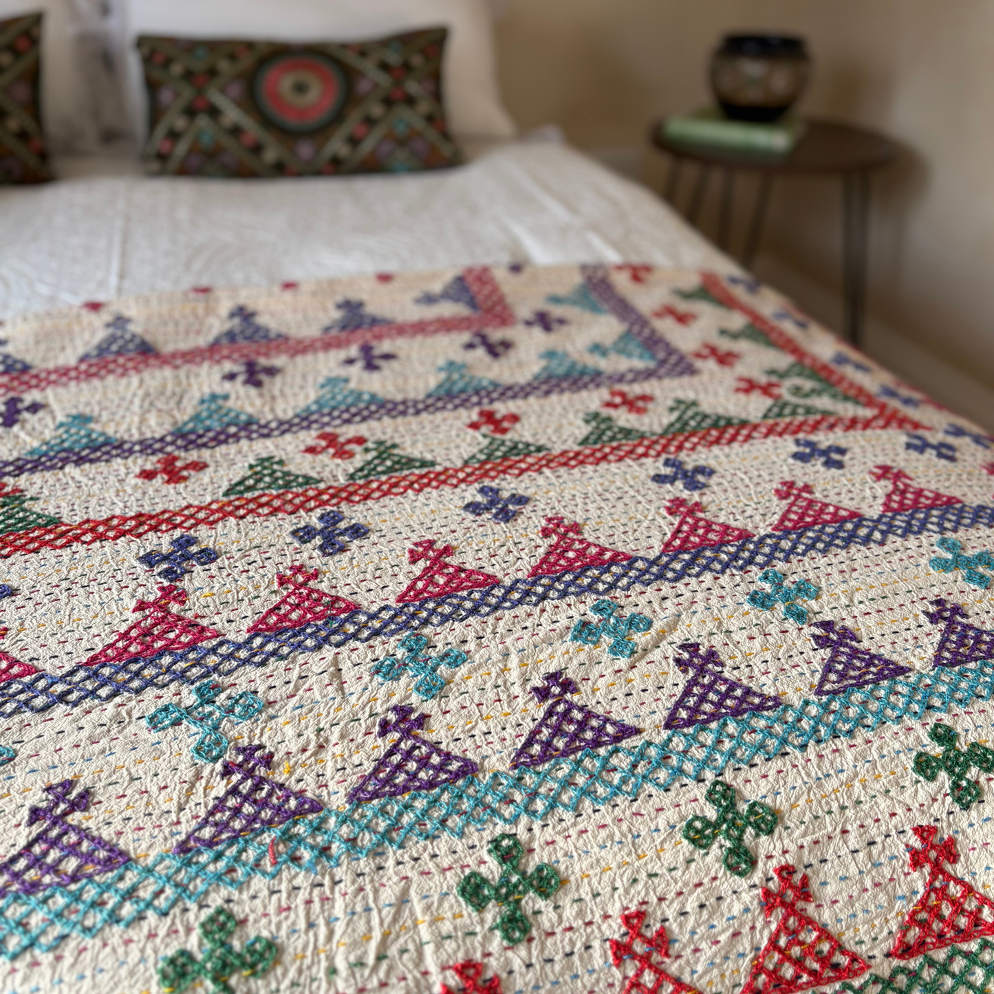 Hand Embroidered Kantha Quilt - Multi Coloured with Deep Pink Border