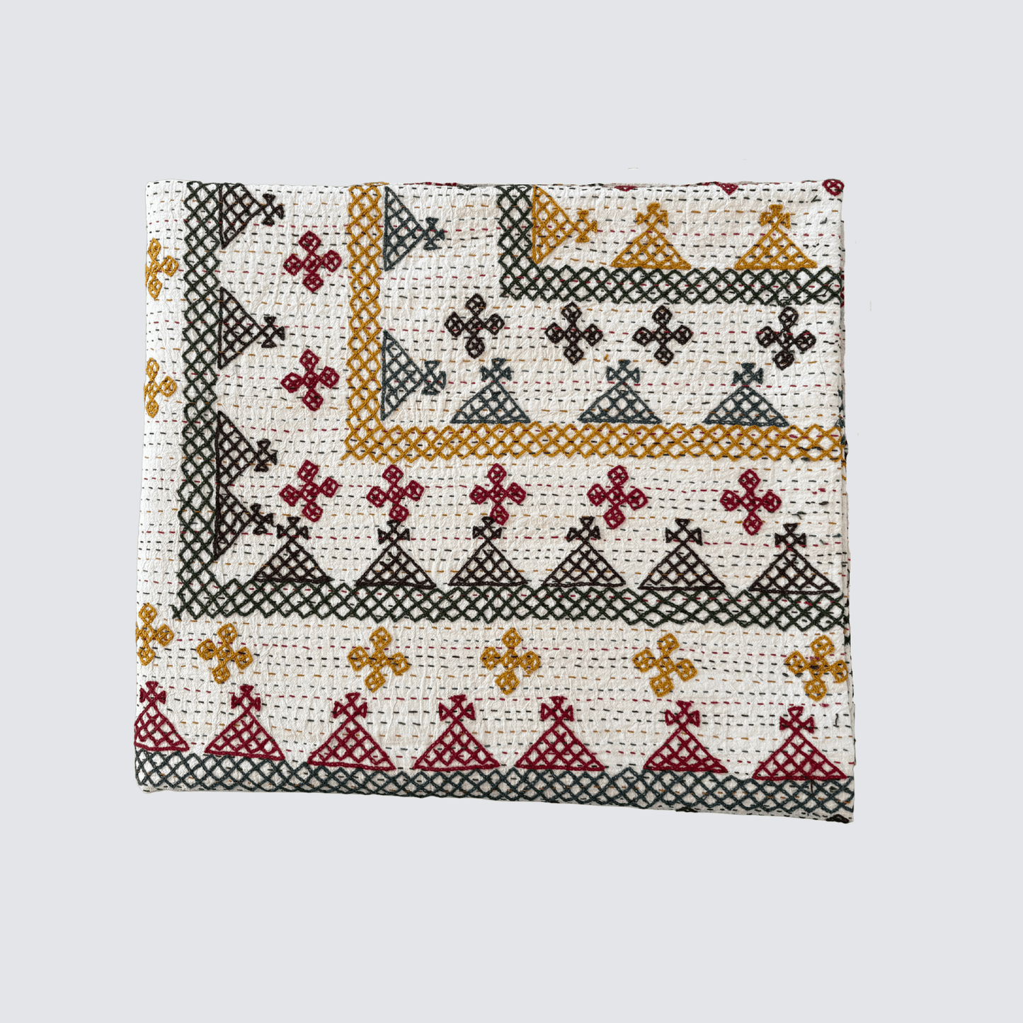 Hand Embroidered Kantha Quilt - Multi Coloured with Red Border