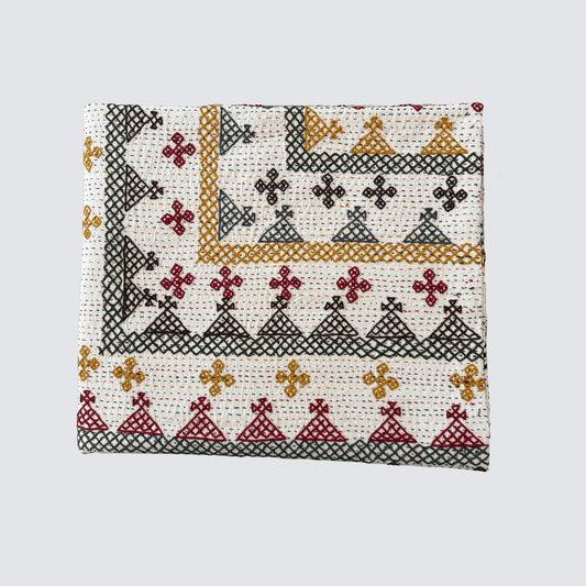Hand Embroidered Kantha Quilt - Multi Coloured with Red Border
