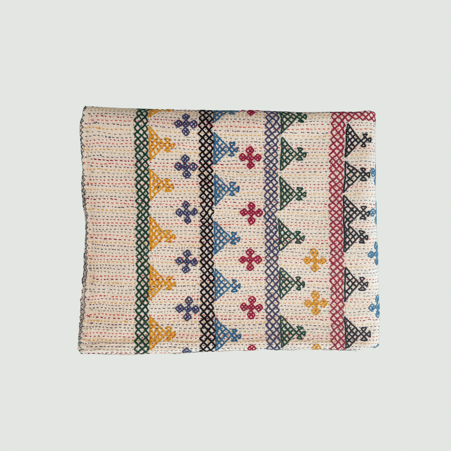 Hand Embroidered Kantha Quilt - Multi Coloured with Green Border