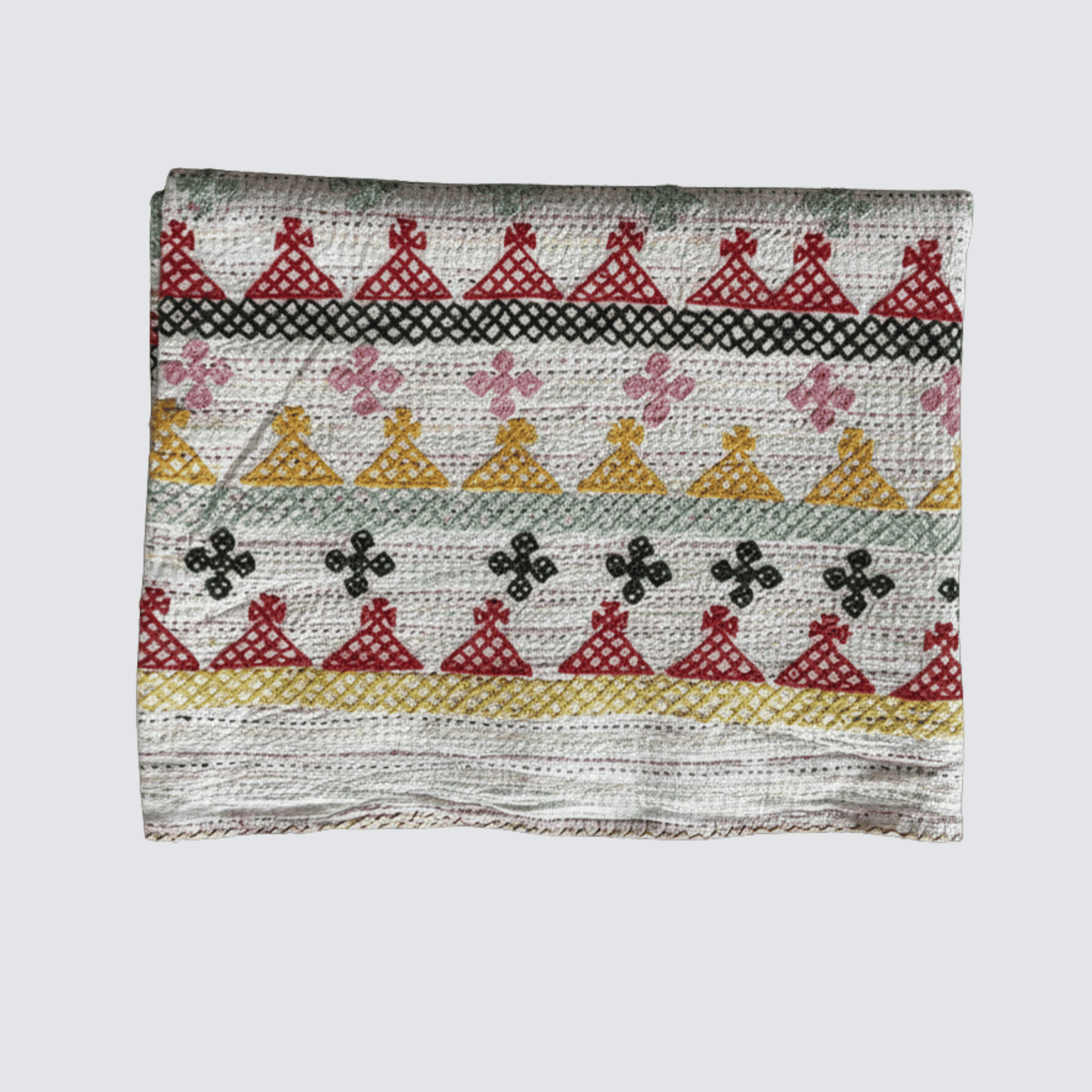 Hand Embroidered Kantha Quilt - Multi Coloured with Yellow Border