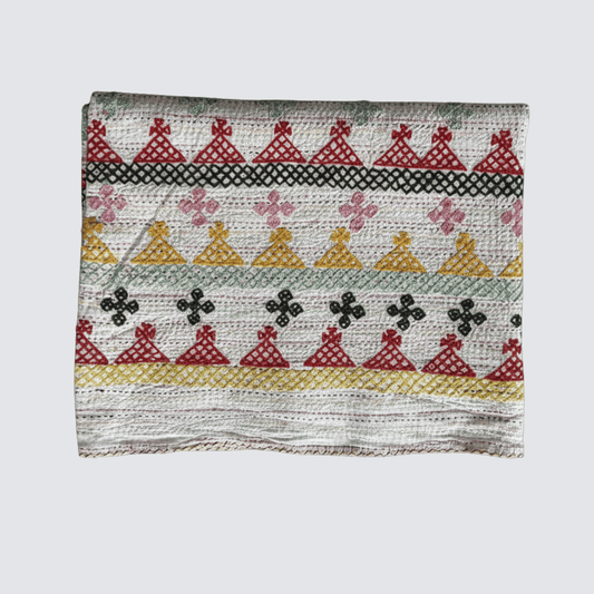 Hand Embroidered Kantha Quilt - Multi Coloured with Yellow Border