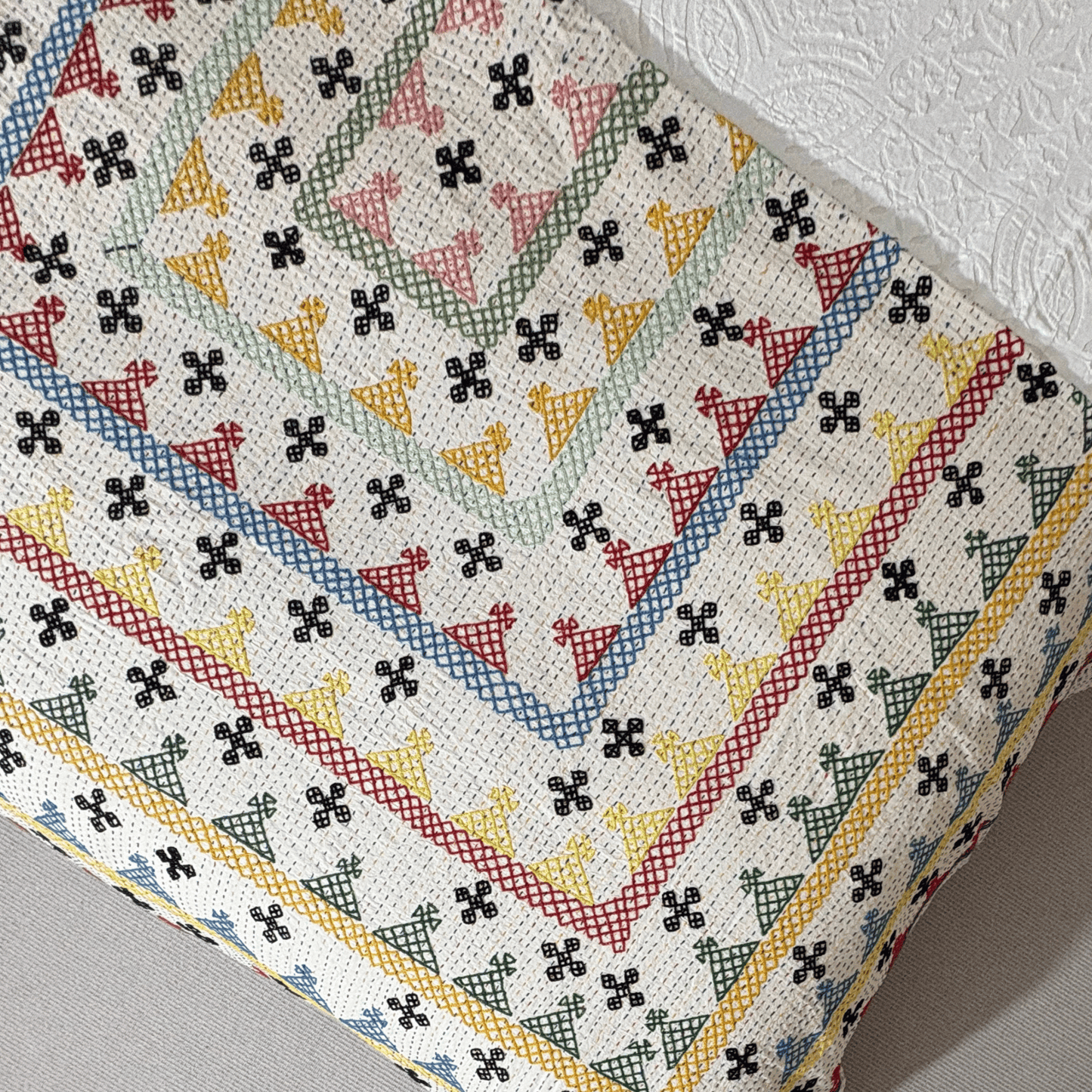 Hand Embroidered Kantha Quilt - Multi Coloured with Green Border