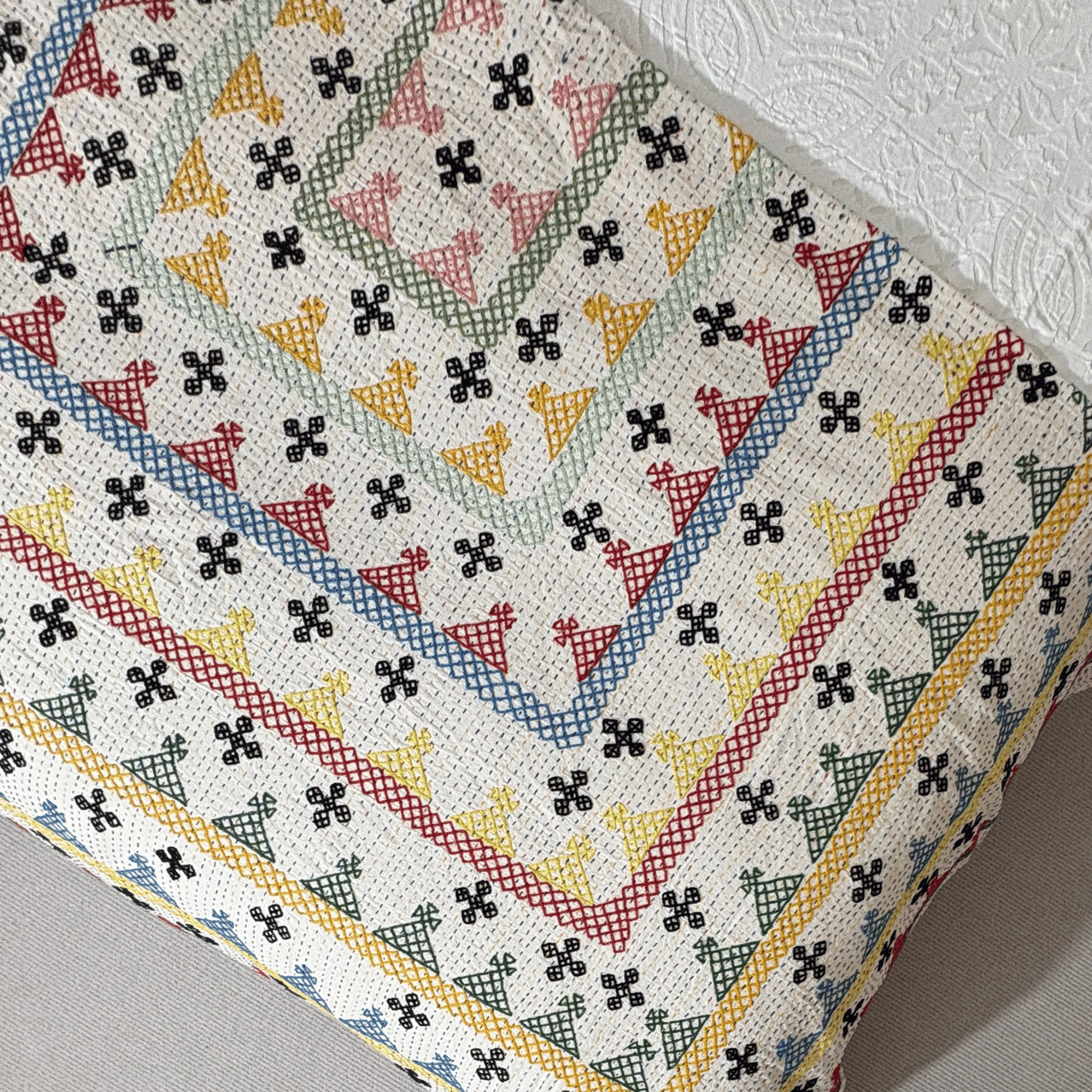 Hand Embroidered Kantha Quilt - Multi Coloured with Green Border