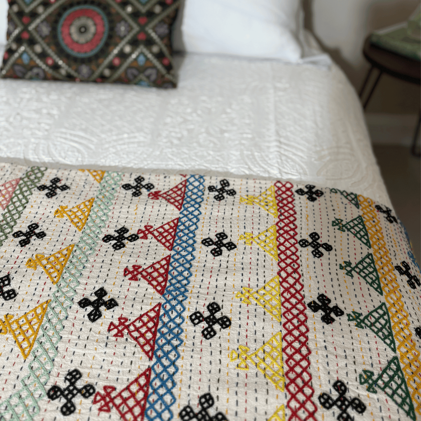 Hand Embroidered Kantha Quilt - Multi Coloured with Green Border