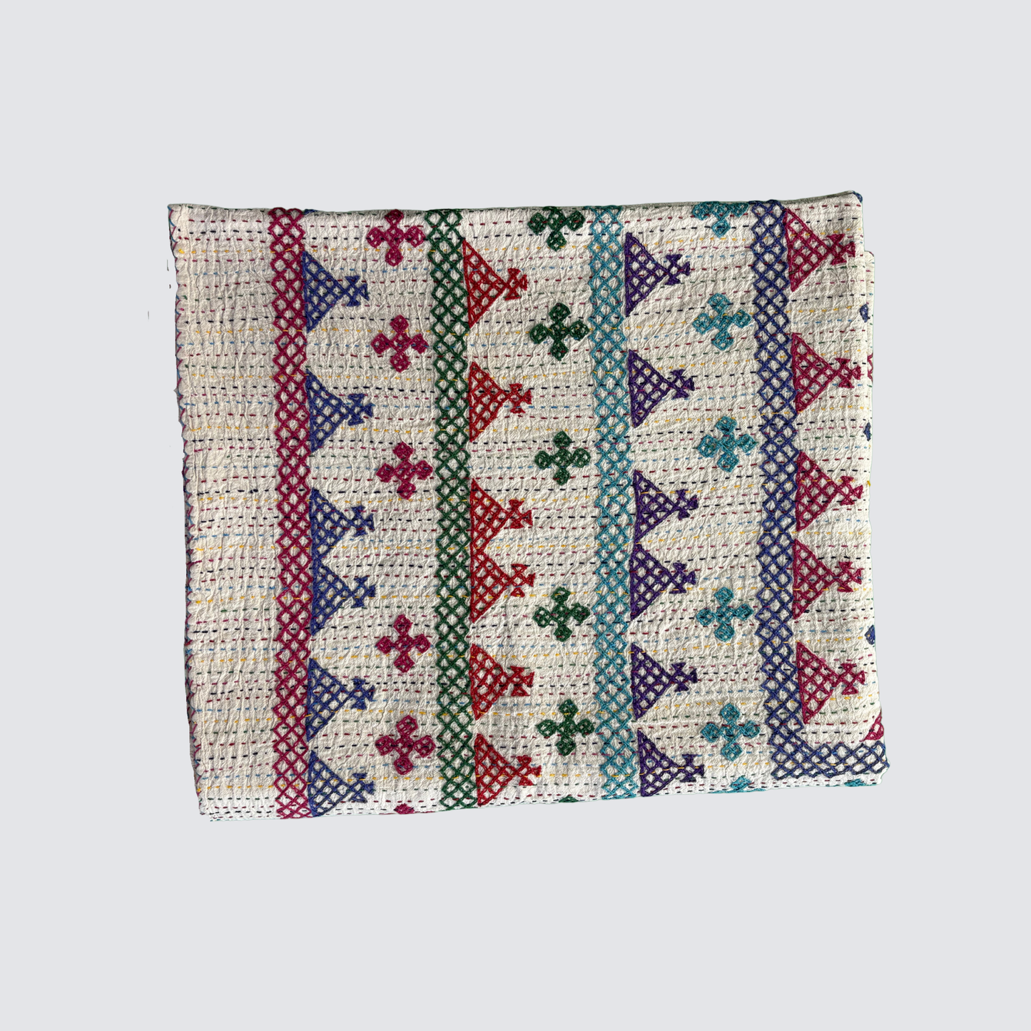 Hand Embroidered Kantha Quilt - Multi Coloured with Deep Pink Border