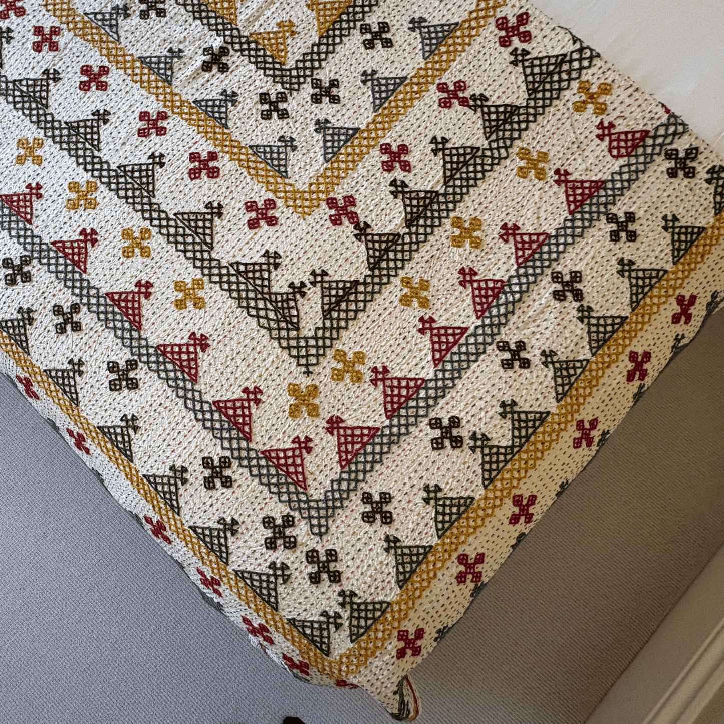 Hand Embroidered Kantha Quilt - Multi Coloured with Green Border