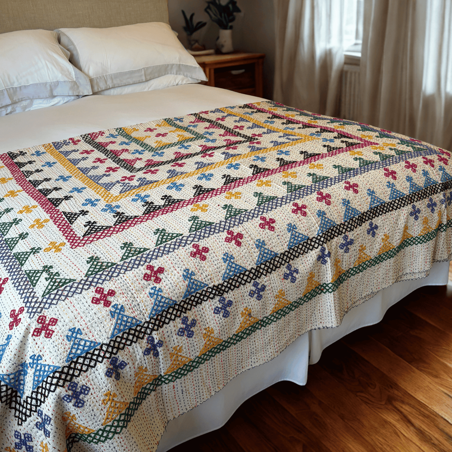 Hand Embroidered Kantha Quilt - Multi Coloured with Green Border