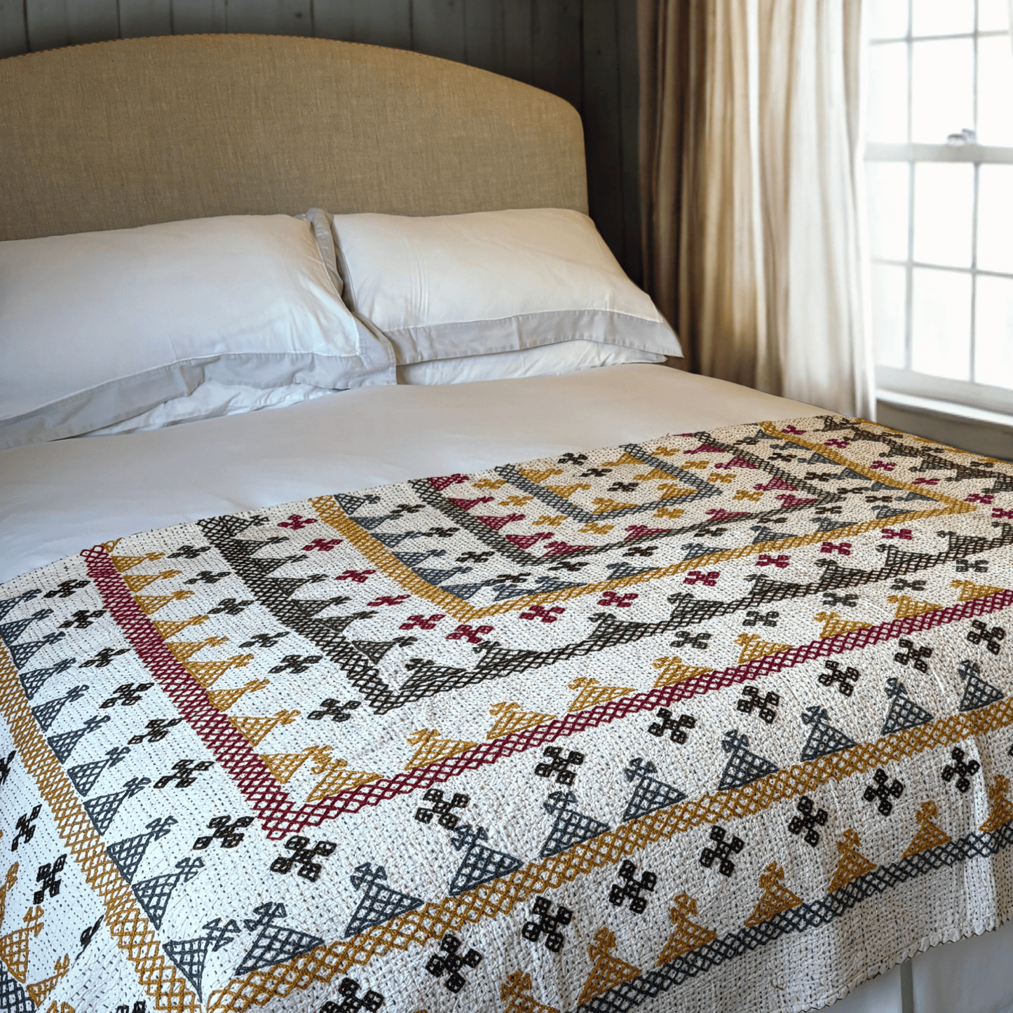Hand Embroidered Kantha Quilt - Multi Coloured with Teal Border