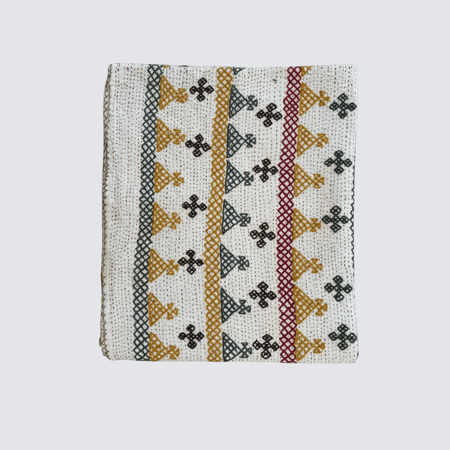 Hand Embroidered Kantha Quilt - Multi Coloured with Teal Border