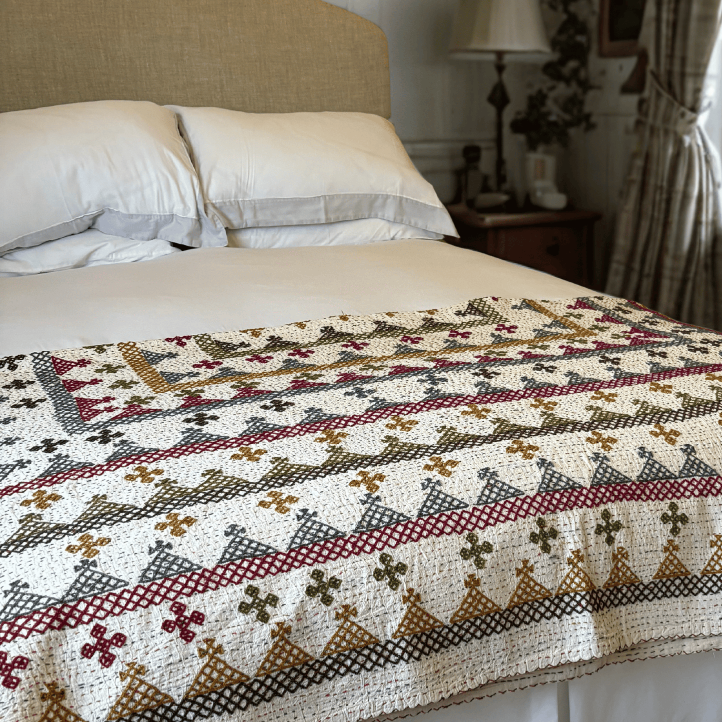 Hand Embroidered Kantha Quilt - Multi Coloured with Brown Border