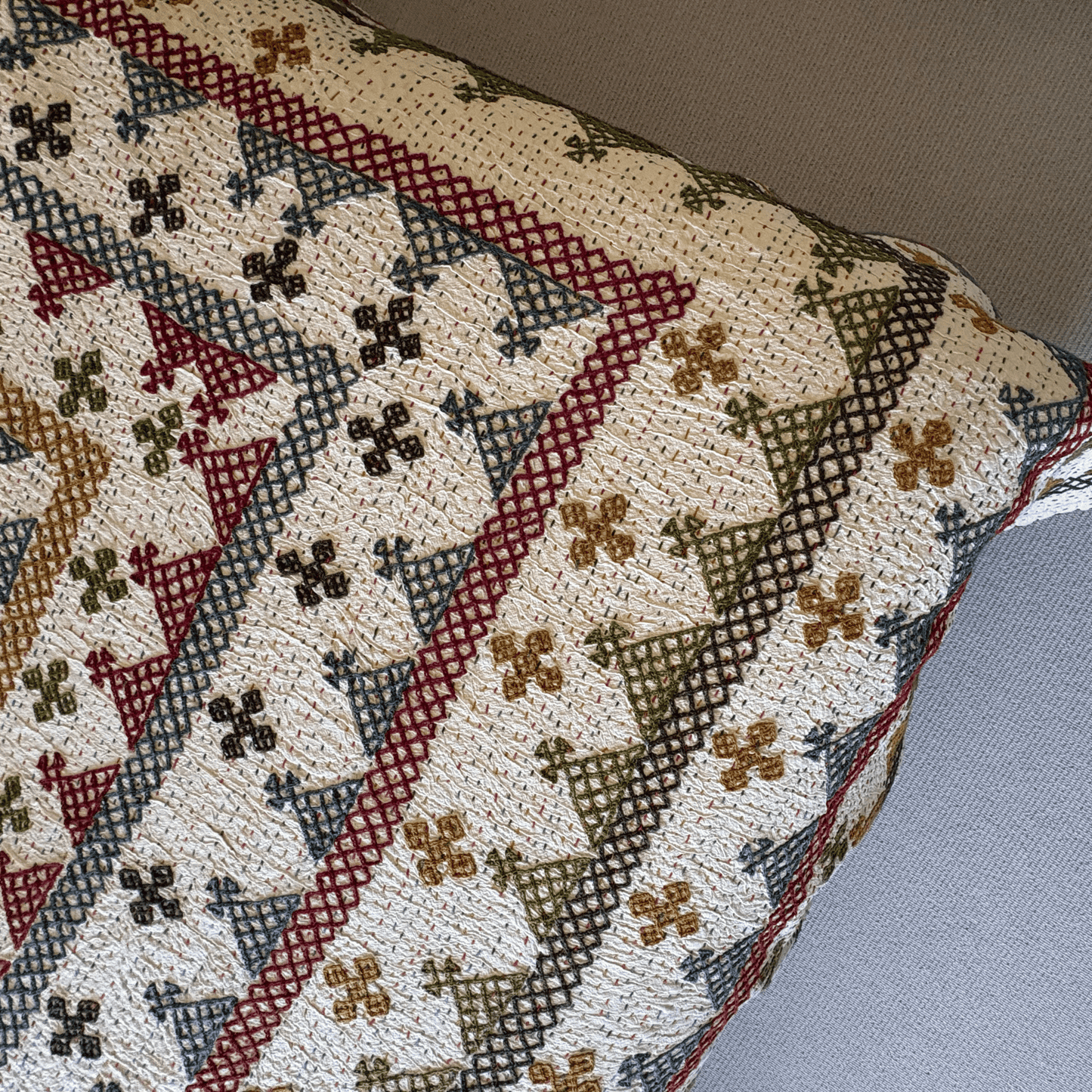 Hand Embroidered Kantha Quilt - Multi Coloured with Brown Border