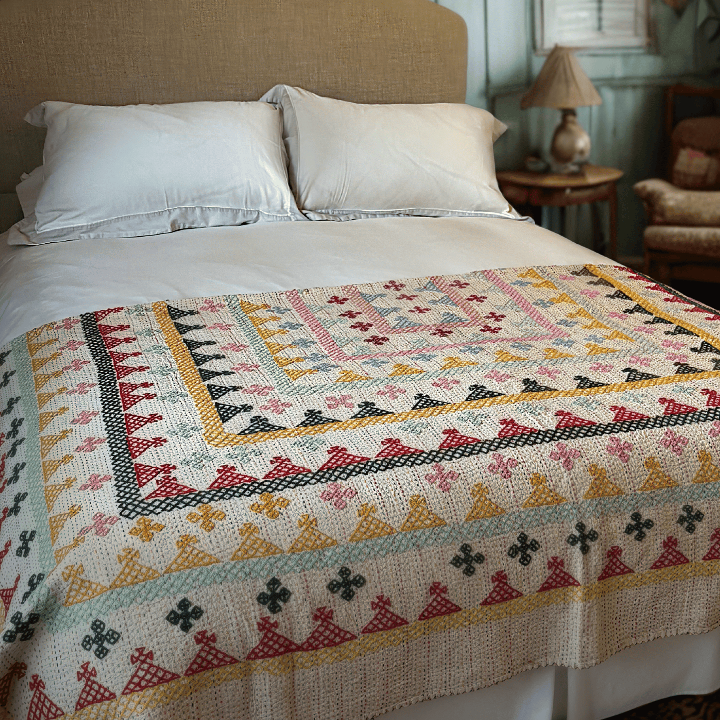Hand Embroidered Kantha Quilt - Multi Coloured with Yellow Border