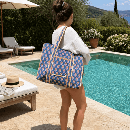 Marine Blue Hand Block Printed Tote Bag