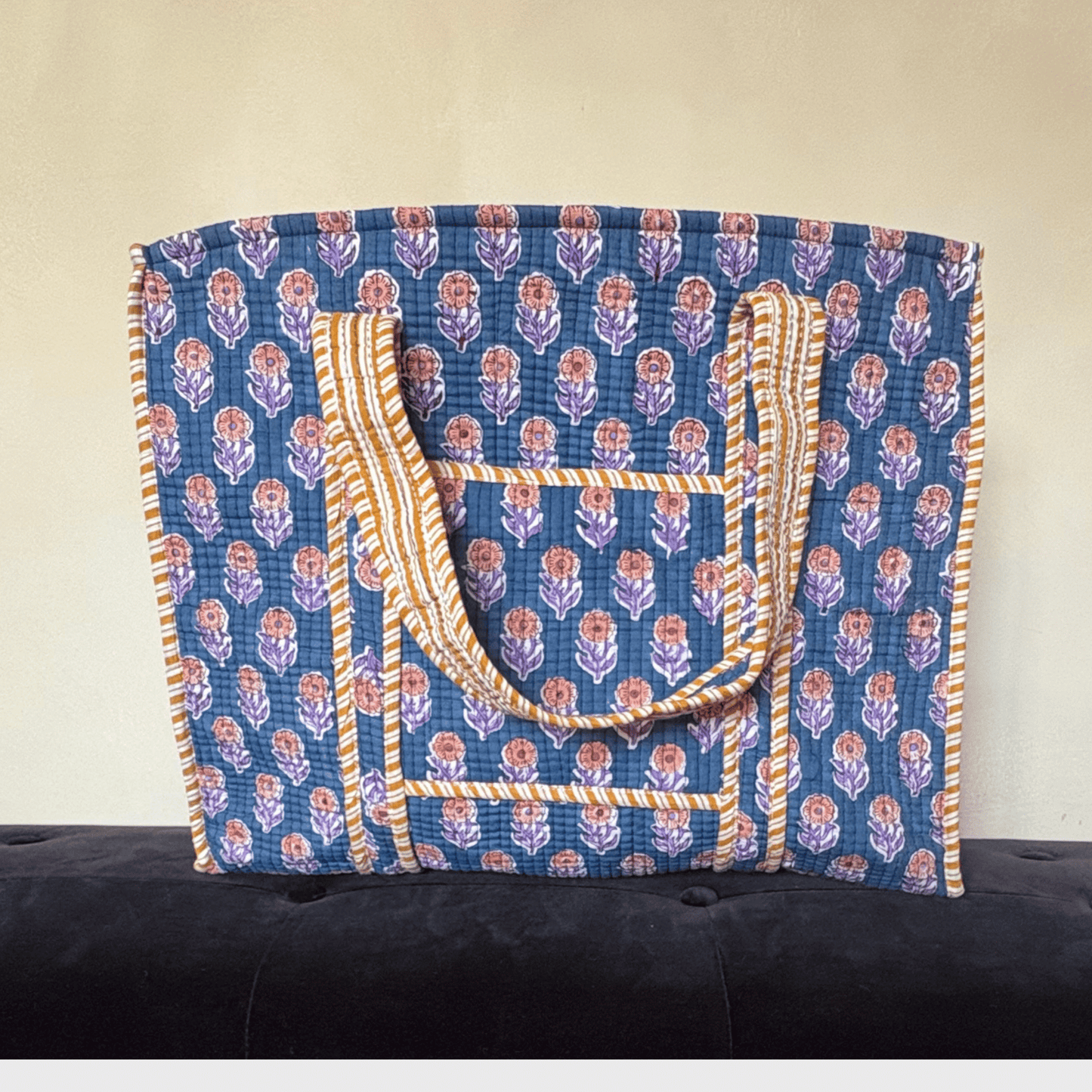 Marine Blue Hand Block Printed Tote Bag