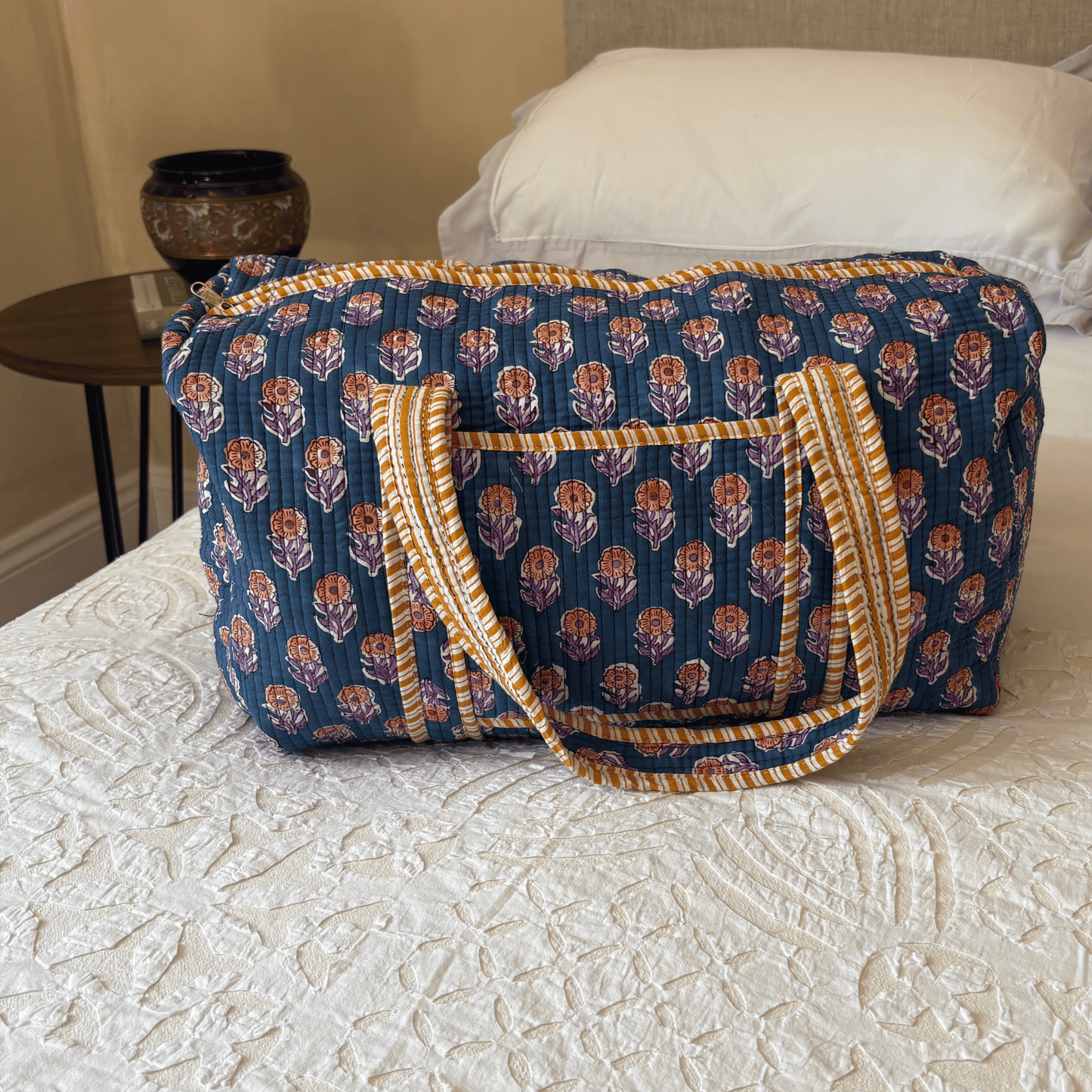 Marine Blue Hand Block Printed Weekend Bag