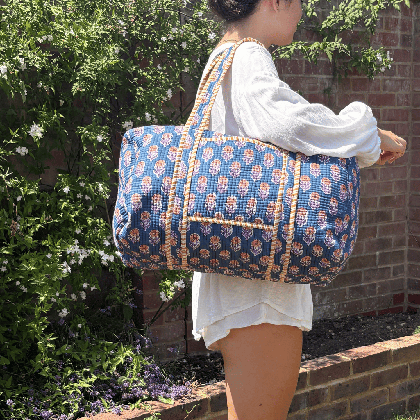Marine Blue Hand Block Printed Weekend Bag