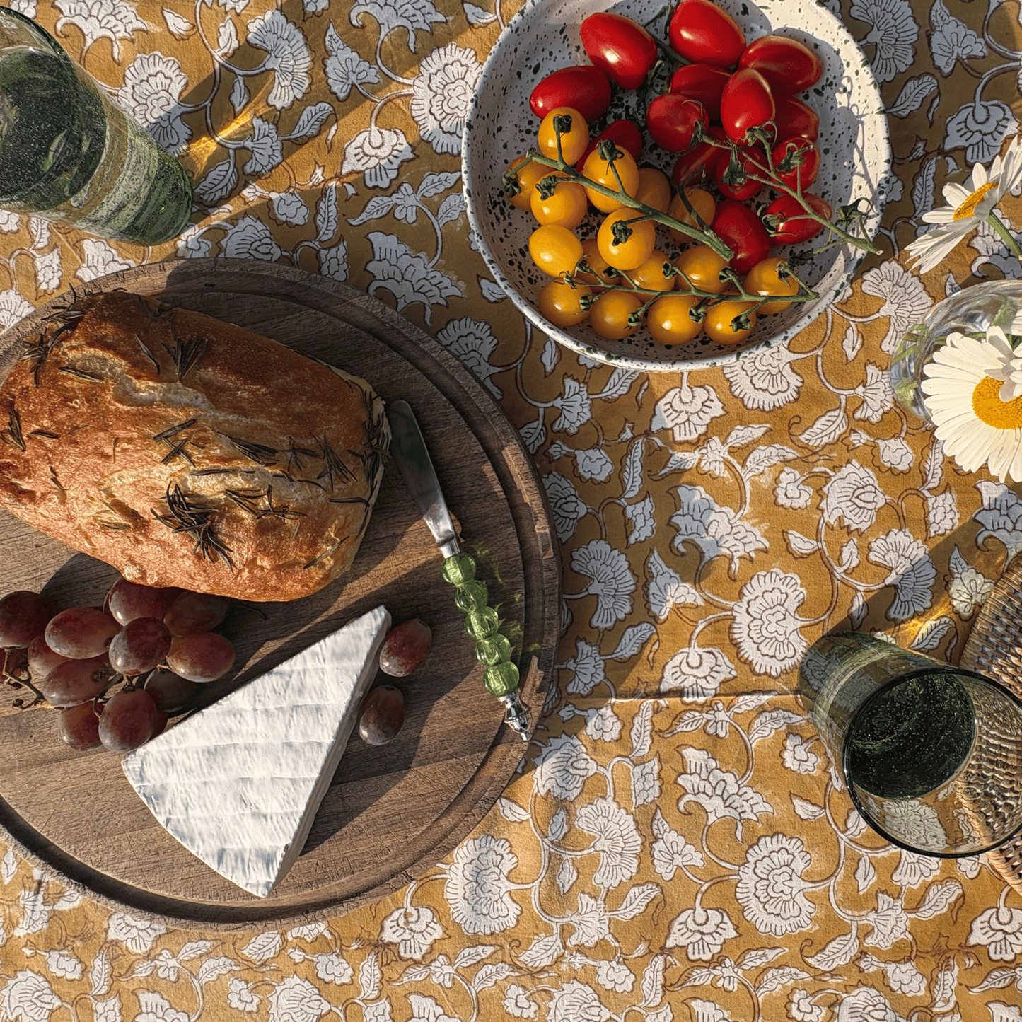 Mustard Peony Print Hand Block Printed Tablecloth