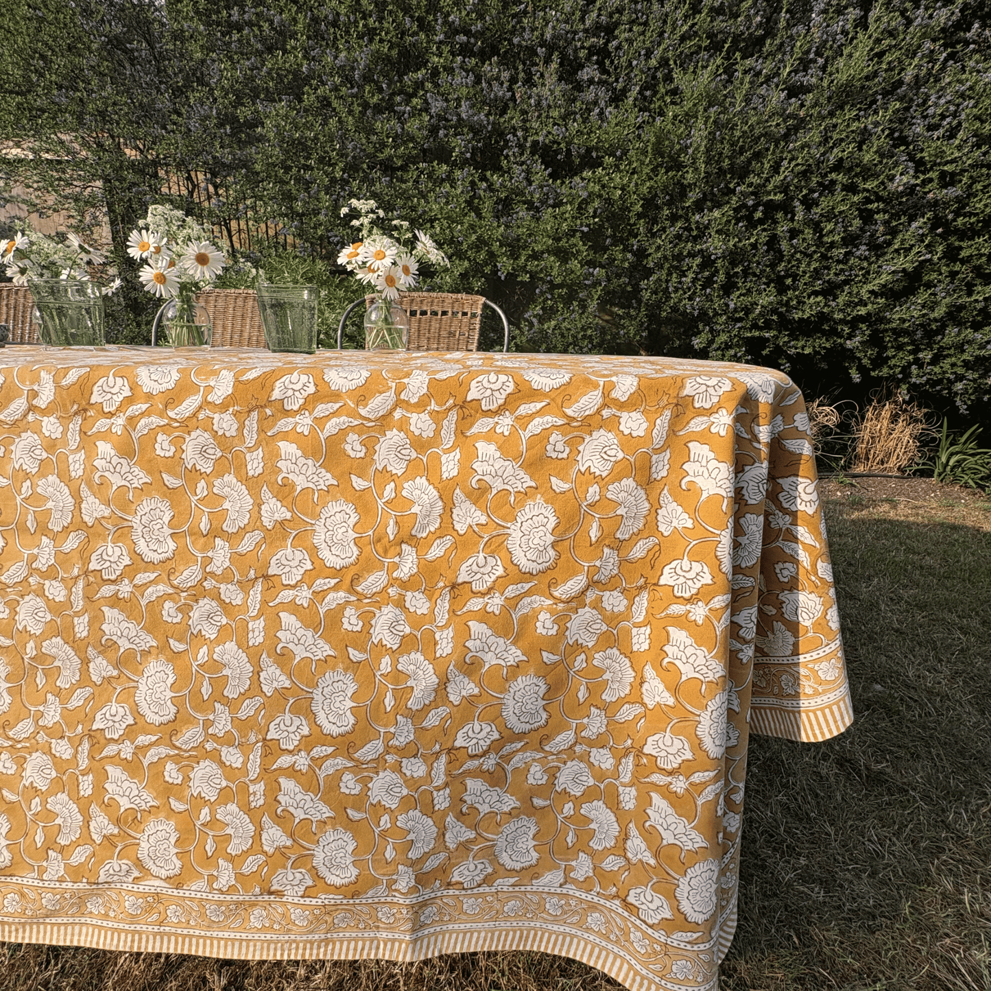 Mustard Peony Print Hand Block Printed Tablecloth