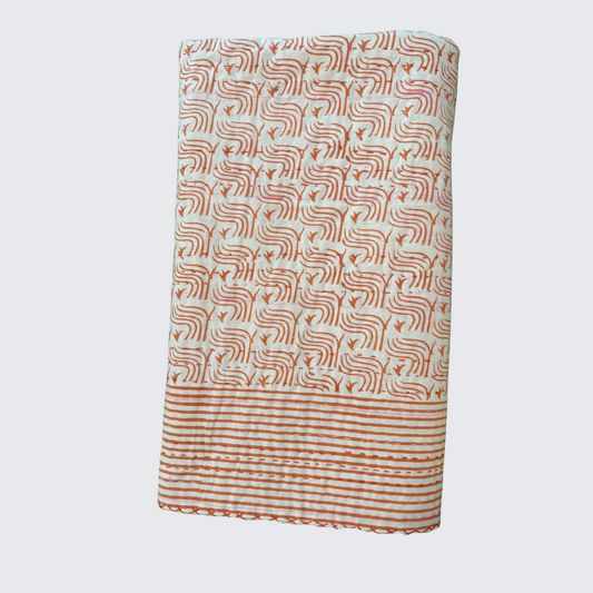 Orange and White Hand Block Printed Kantha Quilt in Geometric Design