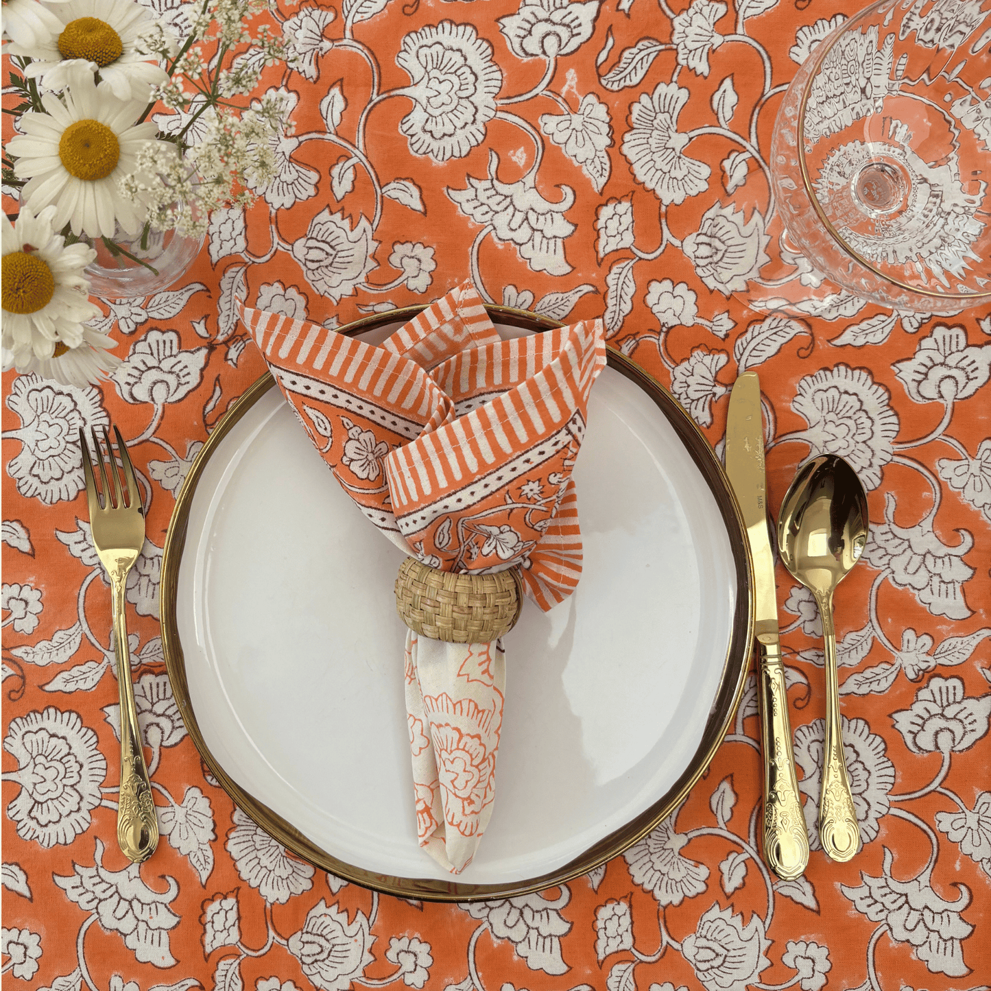 Orange Peony Hand Block Printed Cotton Napkin (Set of 4)