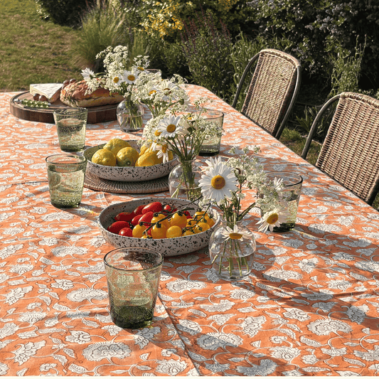 Orange Peony Print Hand Block Printed Tablecloth