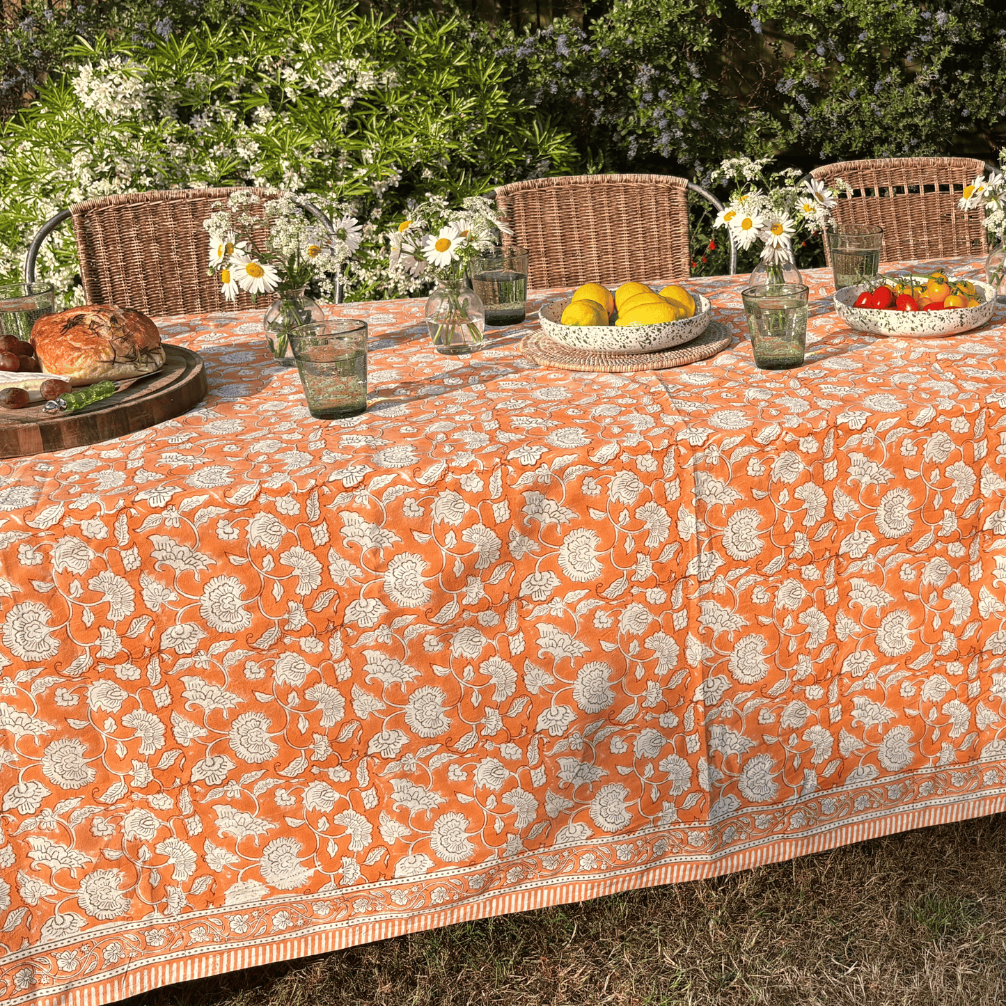 Orange Peony Print Hand Block Printed Tablecloth