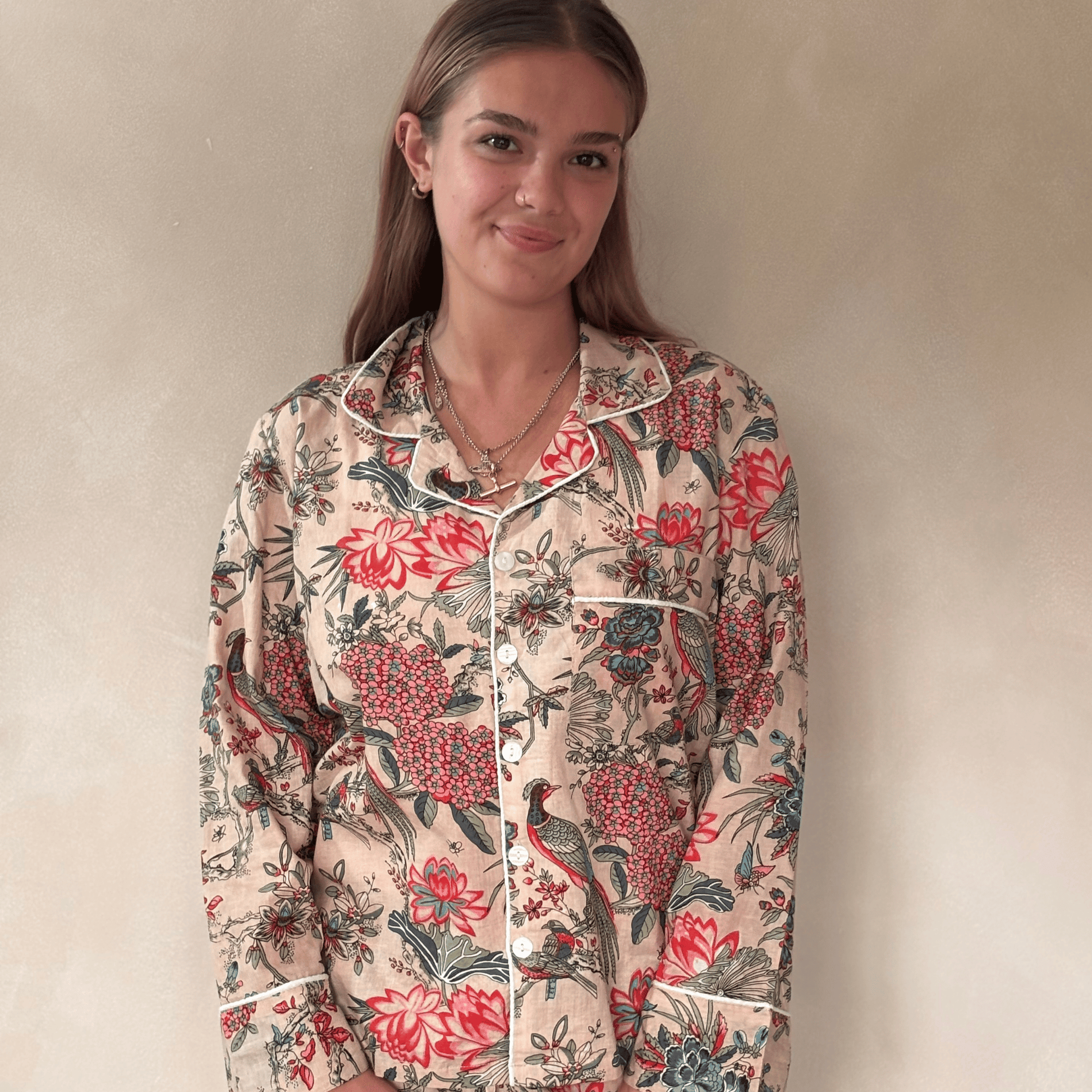 Flower Print Cotton Pyjamas – Colourful Peacock Floral Design