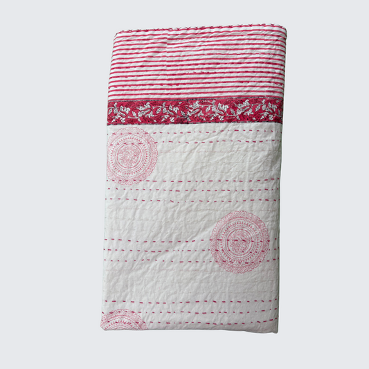 Pink and White Circle Design with Border Hand Block Printed Kantha Quilt
