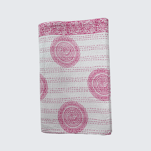 Pink and White Circle Design with Border Hand Block Printed Kantha Quilt