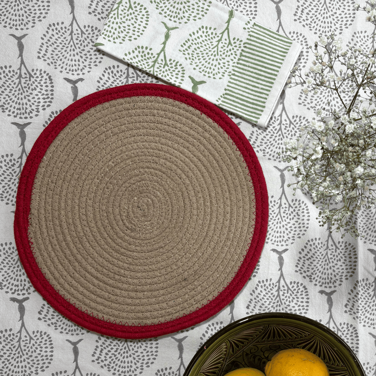 Handwoven Rope Cotton Placemat in Red and Beige