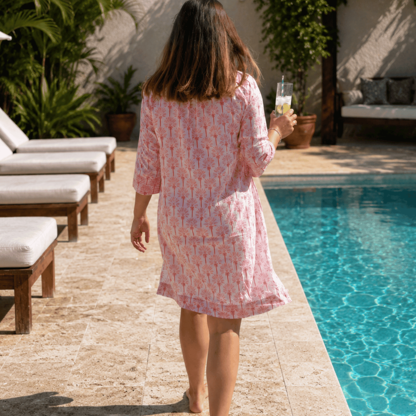 Cotton Amelia Tunic in Coral Palm Tree Print