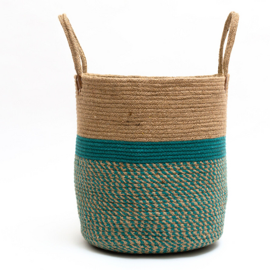 Handwoven Cotton Rope Storage Basket - Teal and Beige