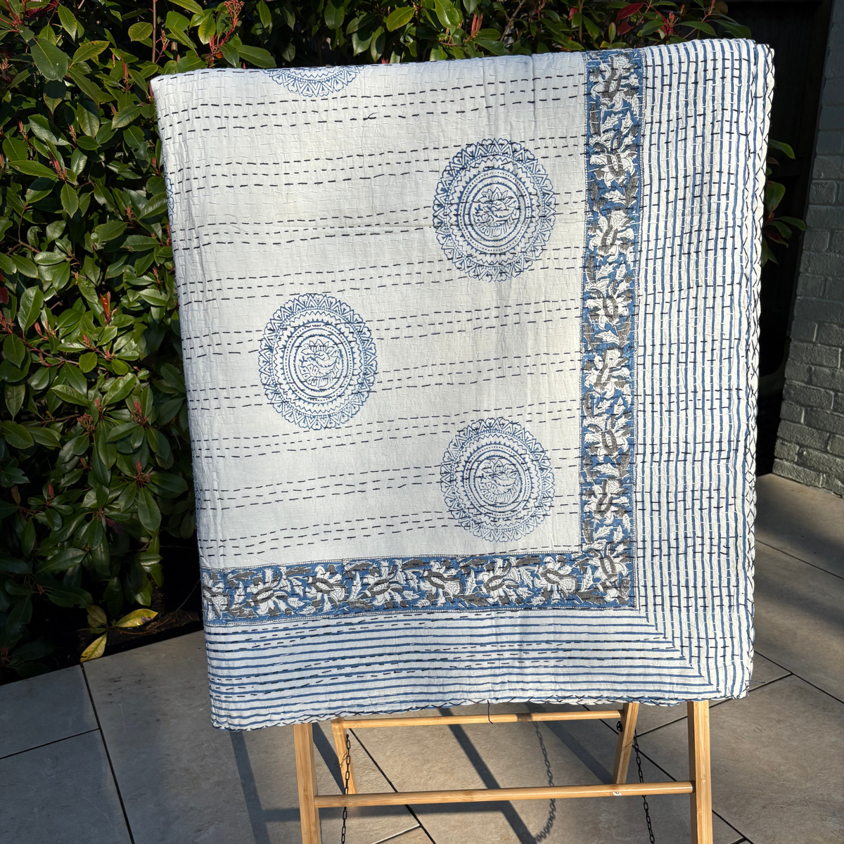 Kantha Quilt. Hand Block Printed in Blue and White Circle Design