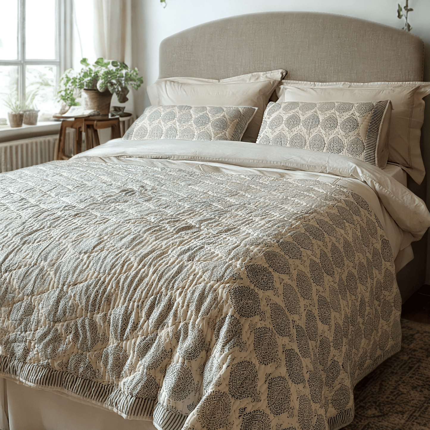 Block Printed Blue and Cream Quilt in Spade Design with Pillowcases