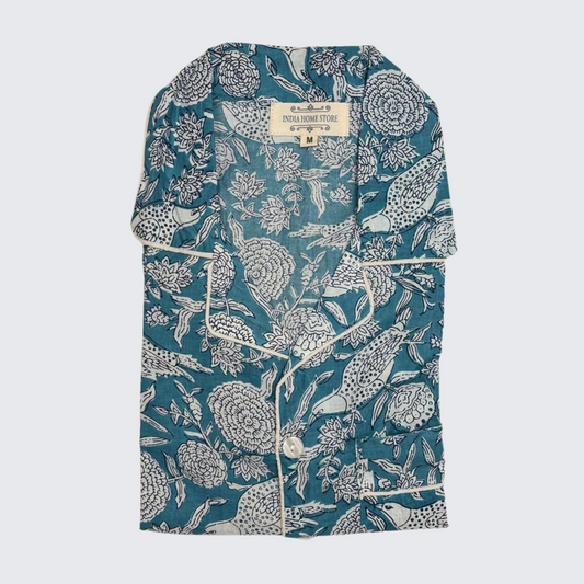 Blue Flower and Bird Print 100% Cotton Pyjamas