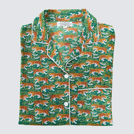 Cotton Pyjamas with a green tropical tiger print, long-sleeved button-up top, white piping and chest pocket