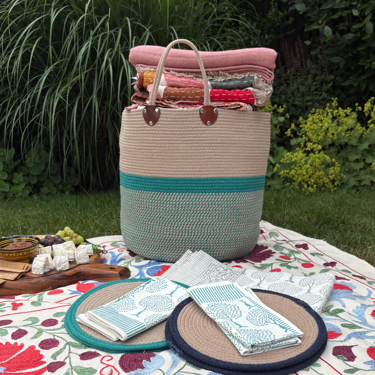Handwoven Cotton Rope Storage Basket - Teal and Beige